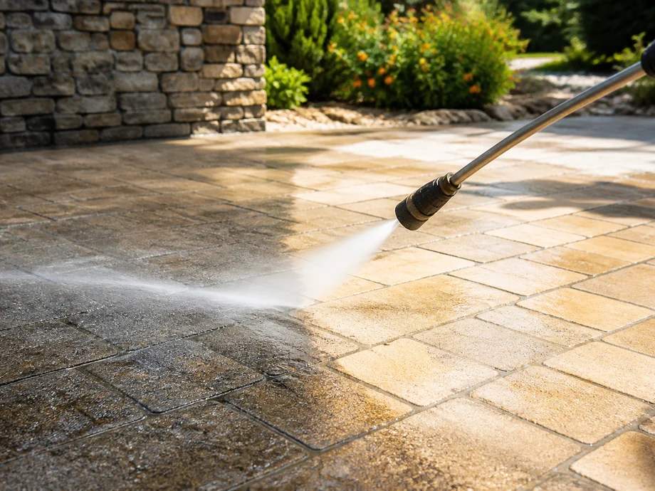 Terrasse extérieure nettoyée au jet professionnel