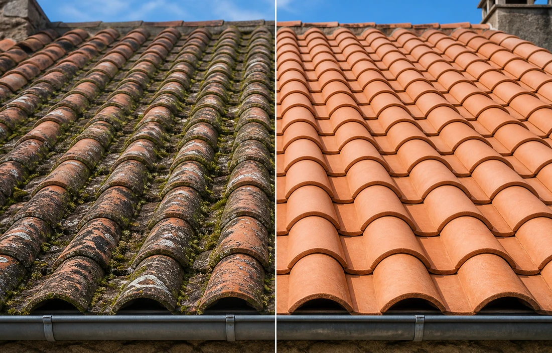 Comparaison avant après d'un démoussage de toiture