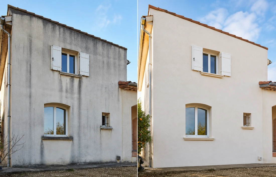 Comparaison avant après d'une façade nettoyée et rénovée